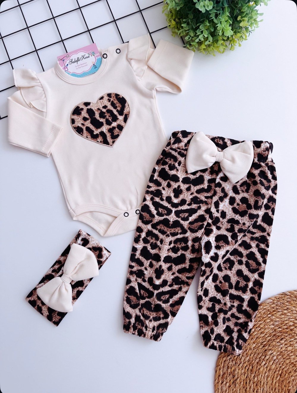 Leopar kalp 3 lü takım - Bej
