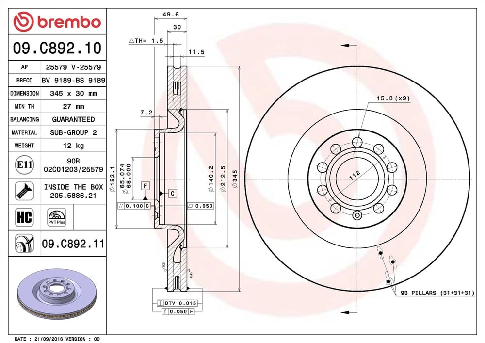 BREMBO 09 C892 11 Fren Diski 1K0615301M uygun fiyat hızlı kargo