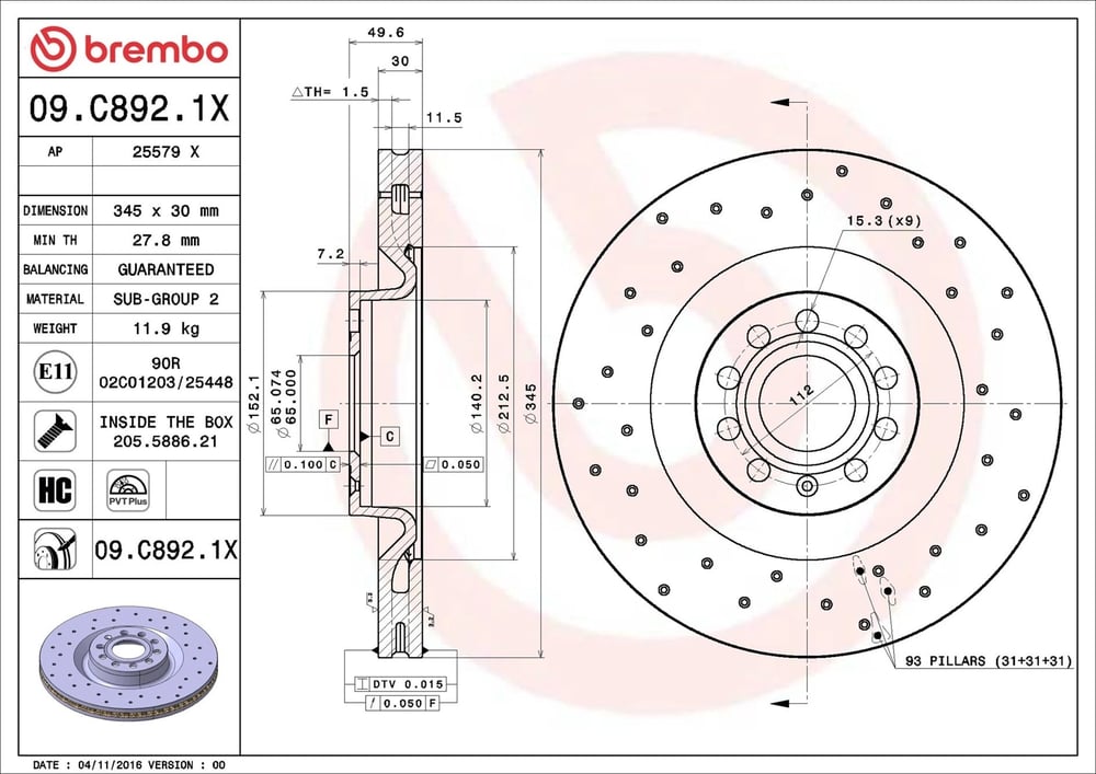 BREMBO 09 C892 1X Fren Diski 1K0615301M uygun fiyat hızlı kargo