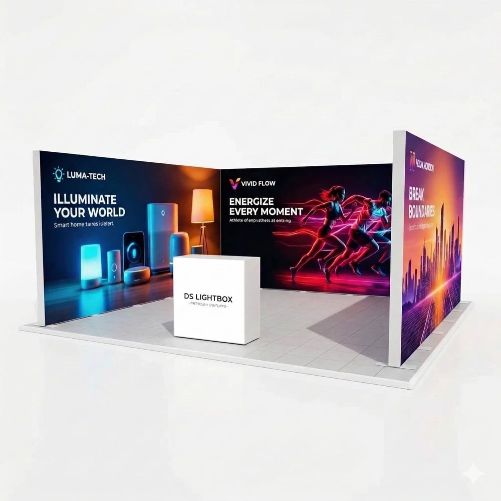 25 m² Modüler Lightbox Fuar Standı - 3 Cephe Kapalı (500x500 cm)