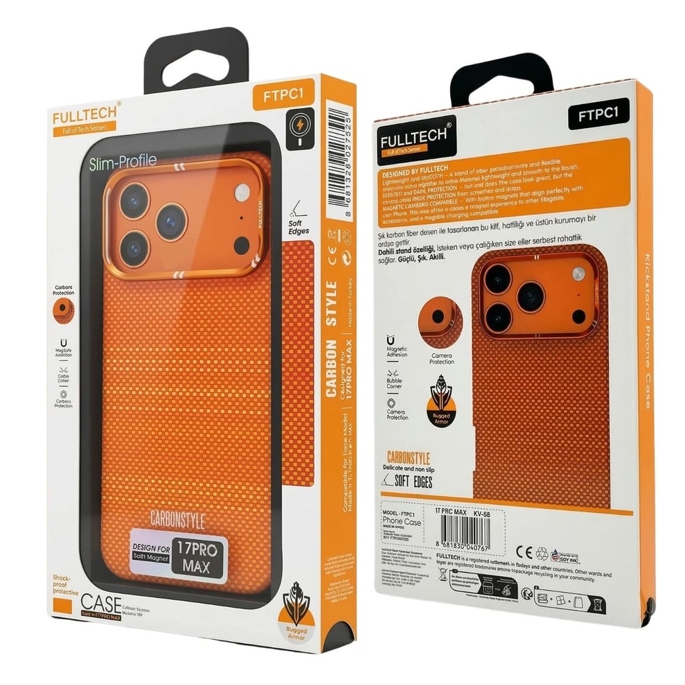 Fulltech PC1 iPhone 17 Pro Max Magsafe Karbon Tasarım Kılıf - Orange