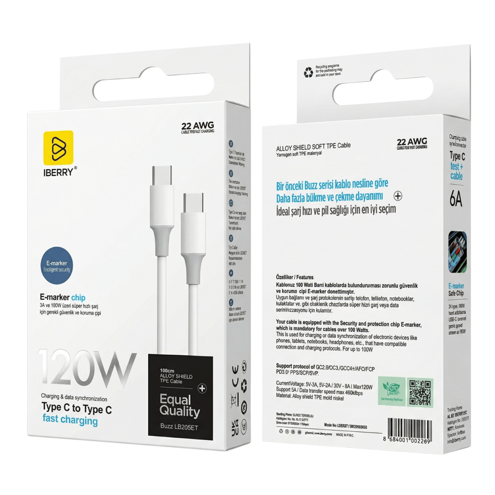 iBerry LB205ET 120W Type-C To Type-C Buzz Serisi Şarj Kablosu - Beyaz