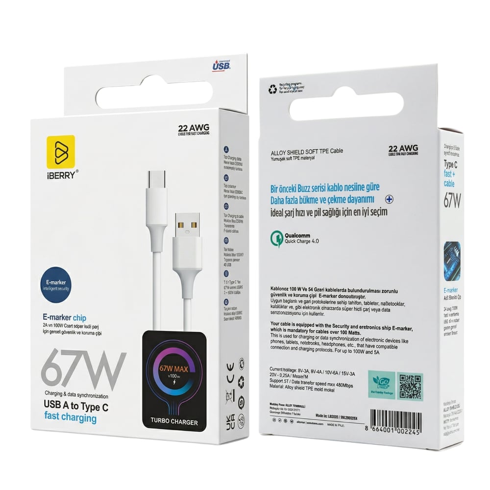 iBerry LB205XE 67W Usb-A To Type-C Buzz Serisi Şarj Kablosu - Beyaz