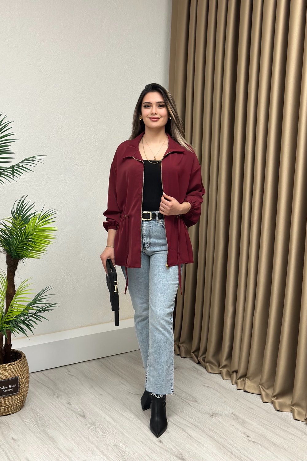 Büyük Beden Saten Ayrobin Kumaş Bel Detaylı Ceket Bordo