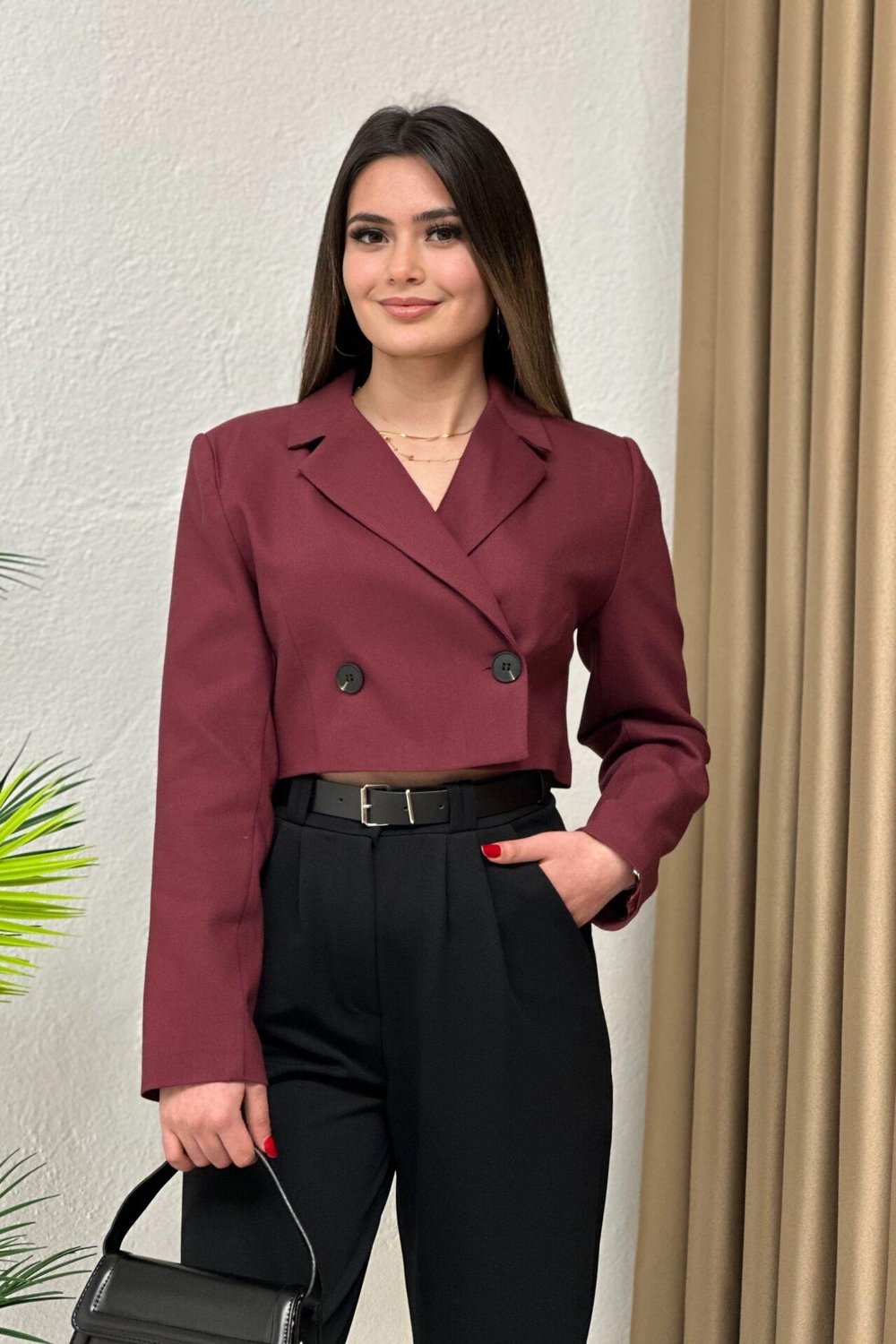Crop Blazer Ceket Bordo