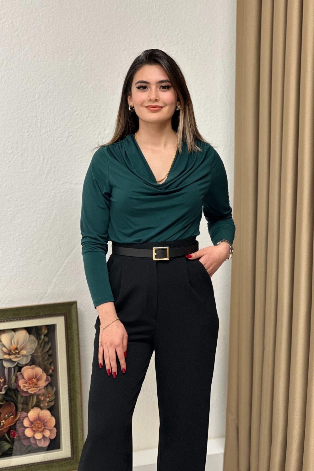 Degaje Yaka Sandy Kumaş Büyük Beden Bluz Zümrüt Yeşil