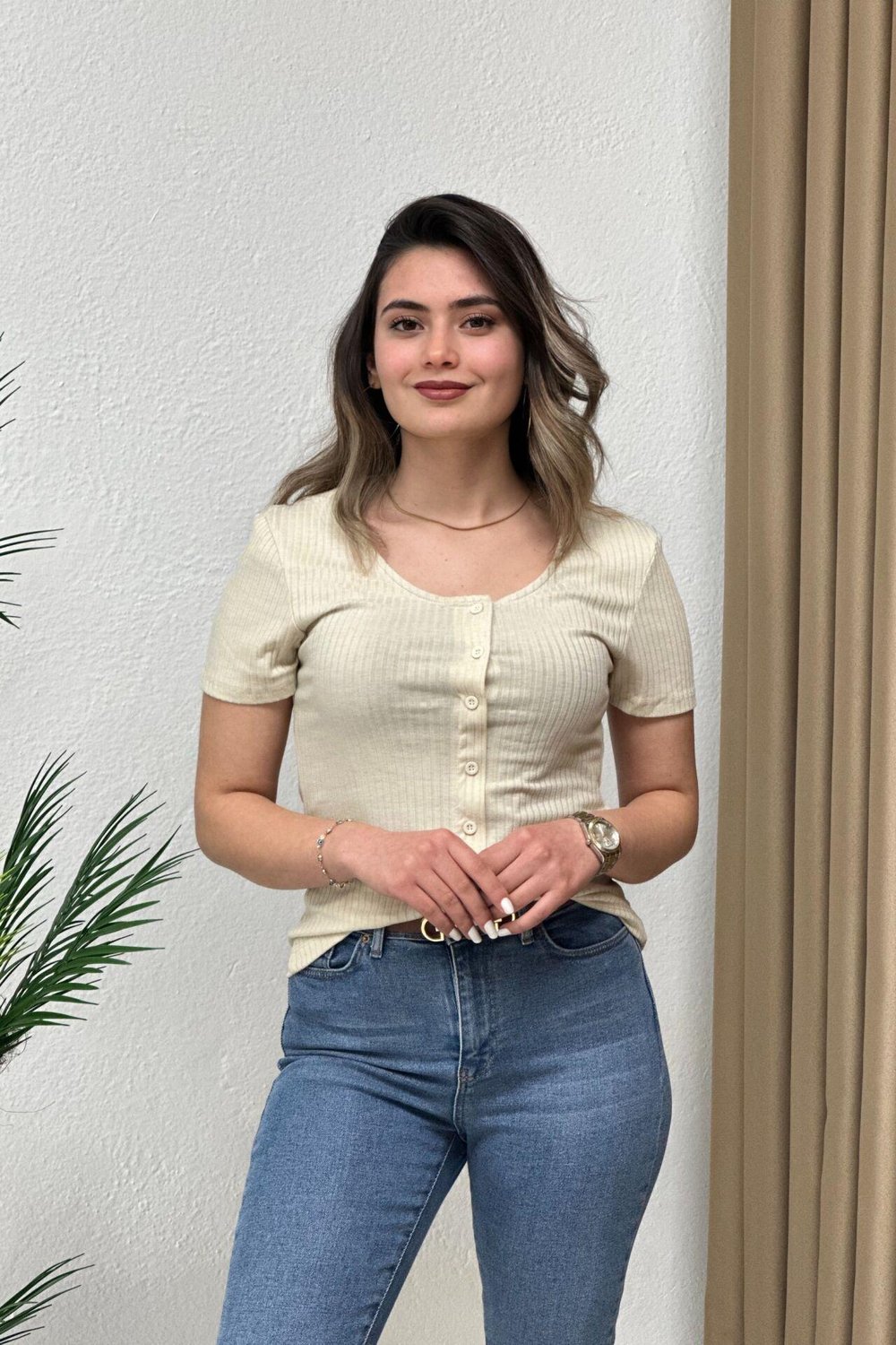 Düğmeli Fitilli T-Shirt Bej