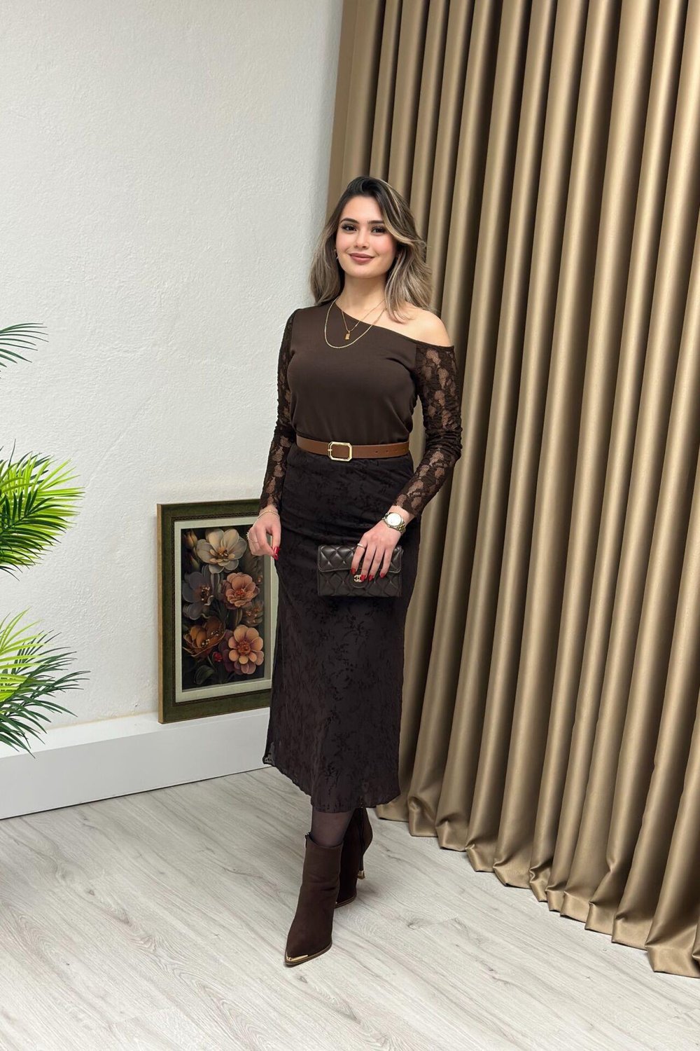 Floral Tül Astarlı Flok Baskılı Midi Etek Acı Kahve