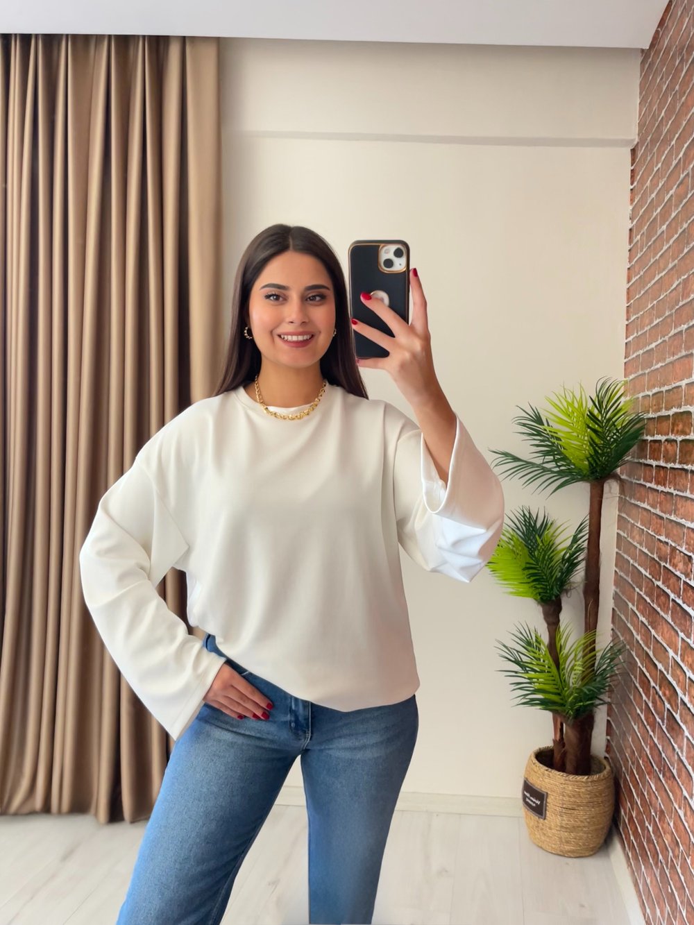 Geniş Kollu Oversize Premium Basic Sweatshirt Beyaz
