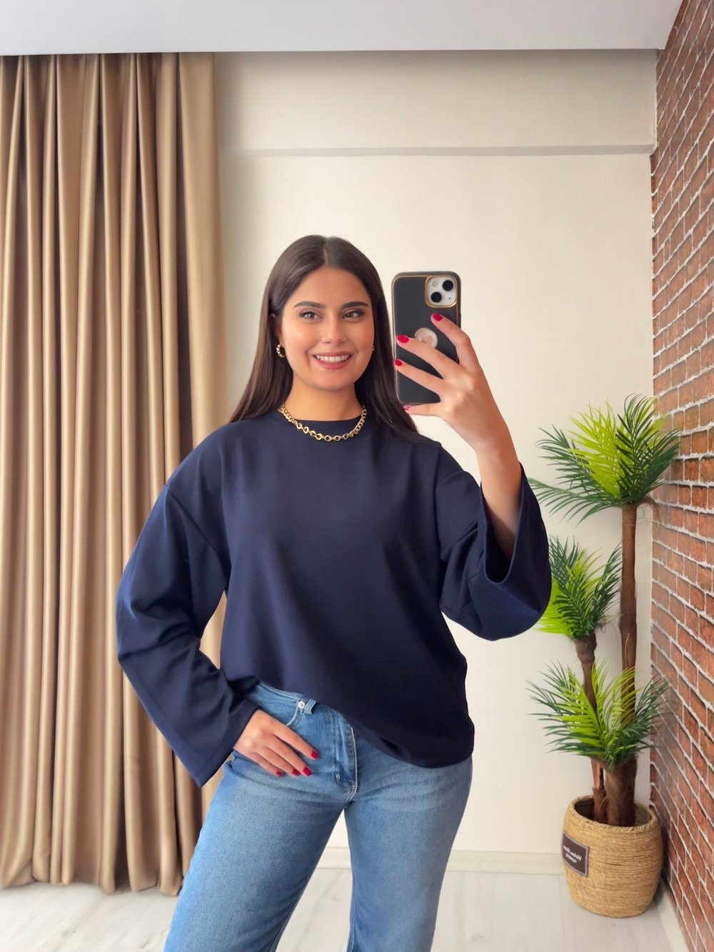 Geniş Kollu Oversize Premium Basic Sweatshirt Lacivert