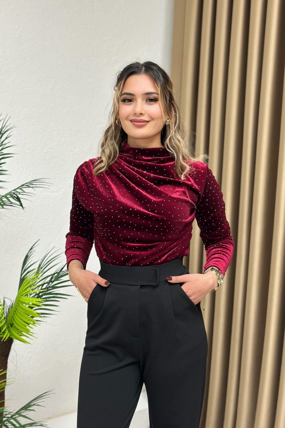 Kadife Işıltılı Drapeli Bluz Bordo
