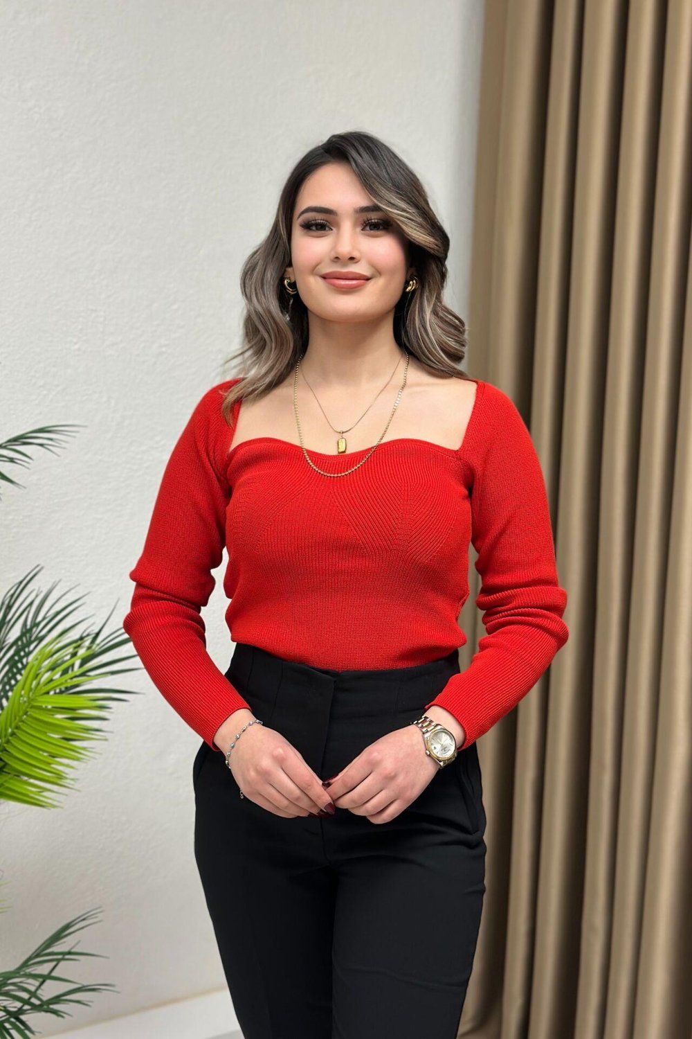 Kalp Yaka Elit Triko Bluz Nar Çiçeği