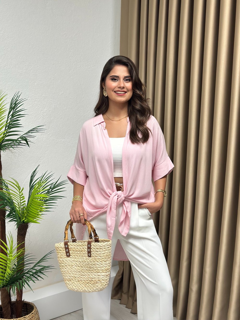 Kısa Kol  Kimono Tarz Krinkıl Kumaş Oversize Basic Gömlek Pembe
