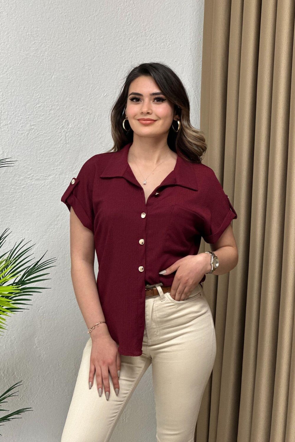 Krinkıl Kumaş Apoletli Likralı Gömlek Bordo