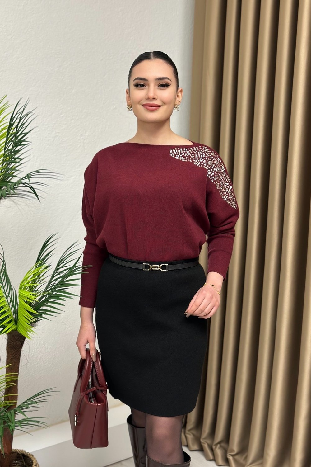 Lüx Kalite Taşlı Elit Triko Bordo