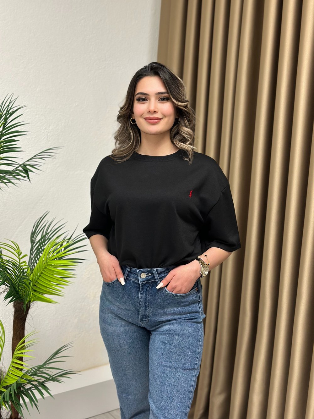 Marka Model Pike Kumaş Rahat Kesim T-Shirt Siyah