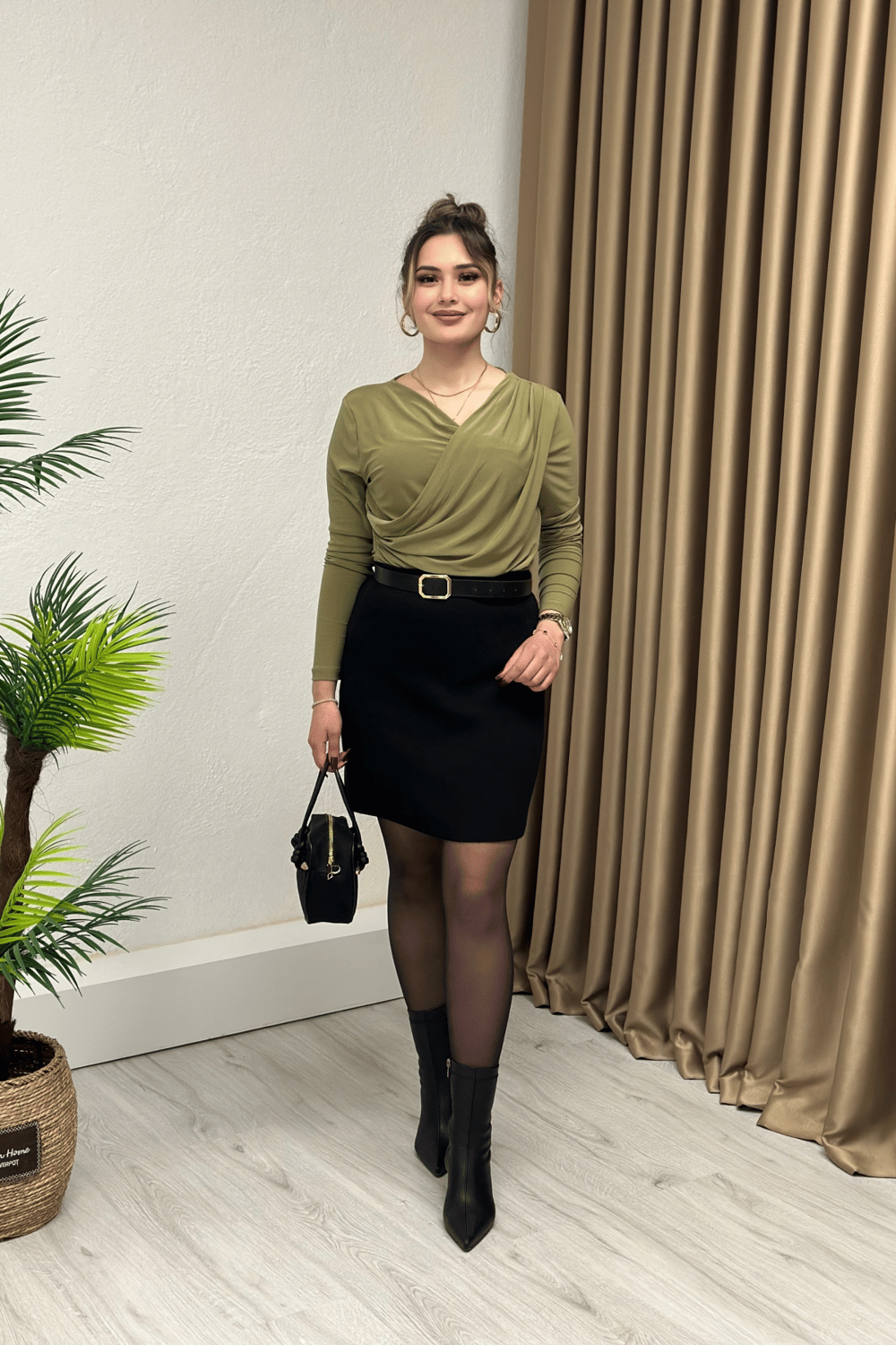 Orjinal Marka Sandy Kumaş Kruvaze Yaka Drapeli Bluz Haki Yeşil 