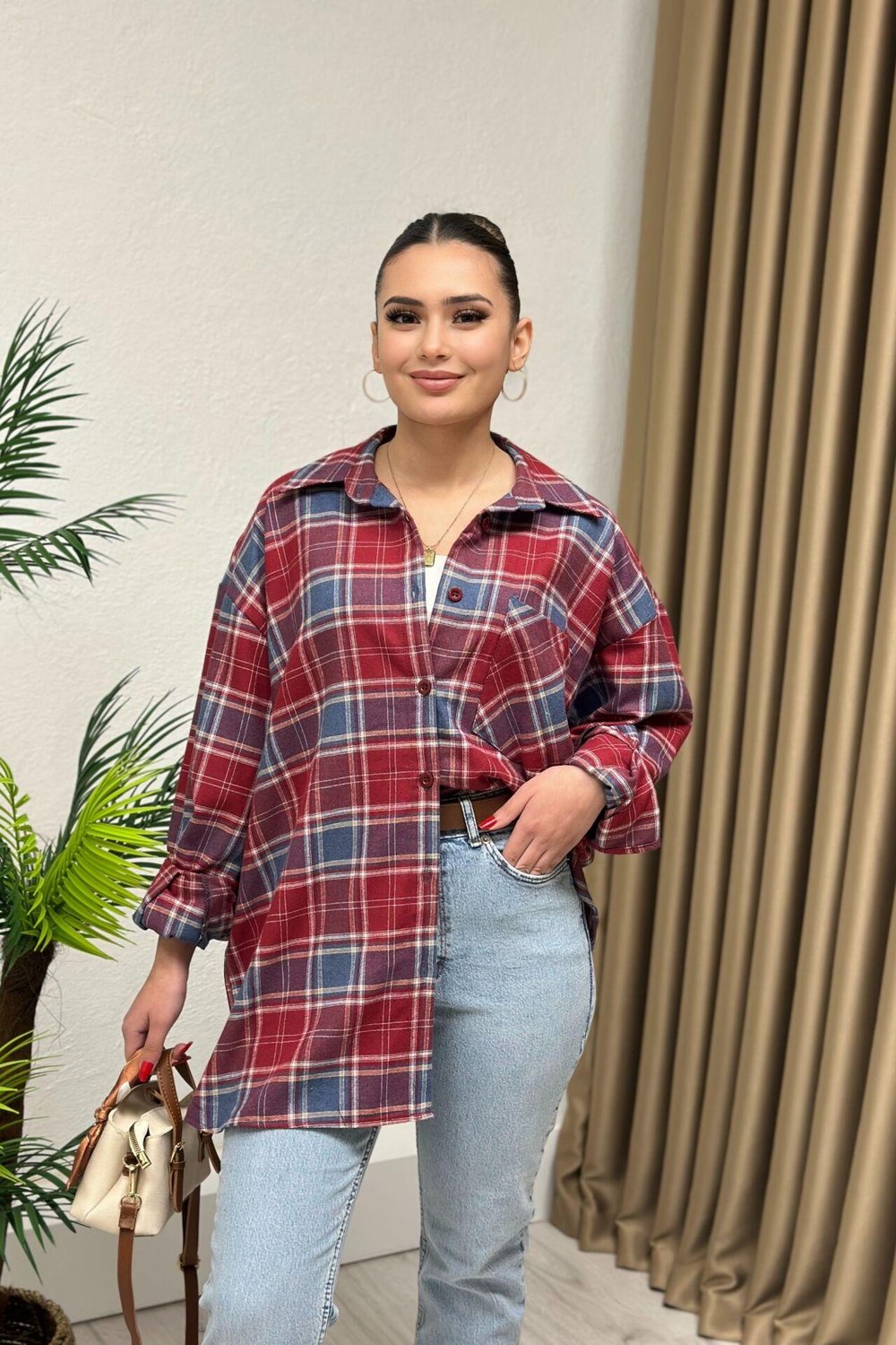 Oversize Yün Ekose Gömlek Bordo