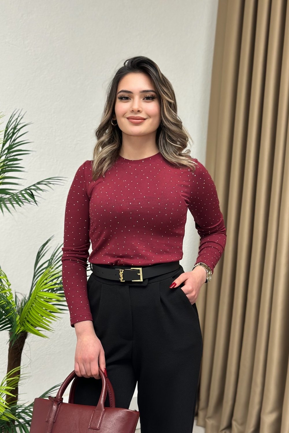 Oysho Kumaş Taşlı Body Bordo