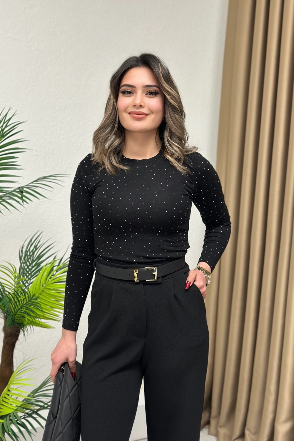 Oysho Kumaş Taşlı Body Siyah
