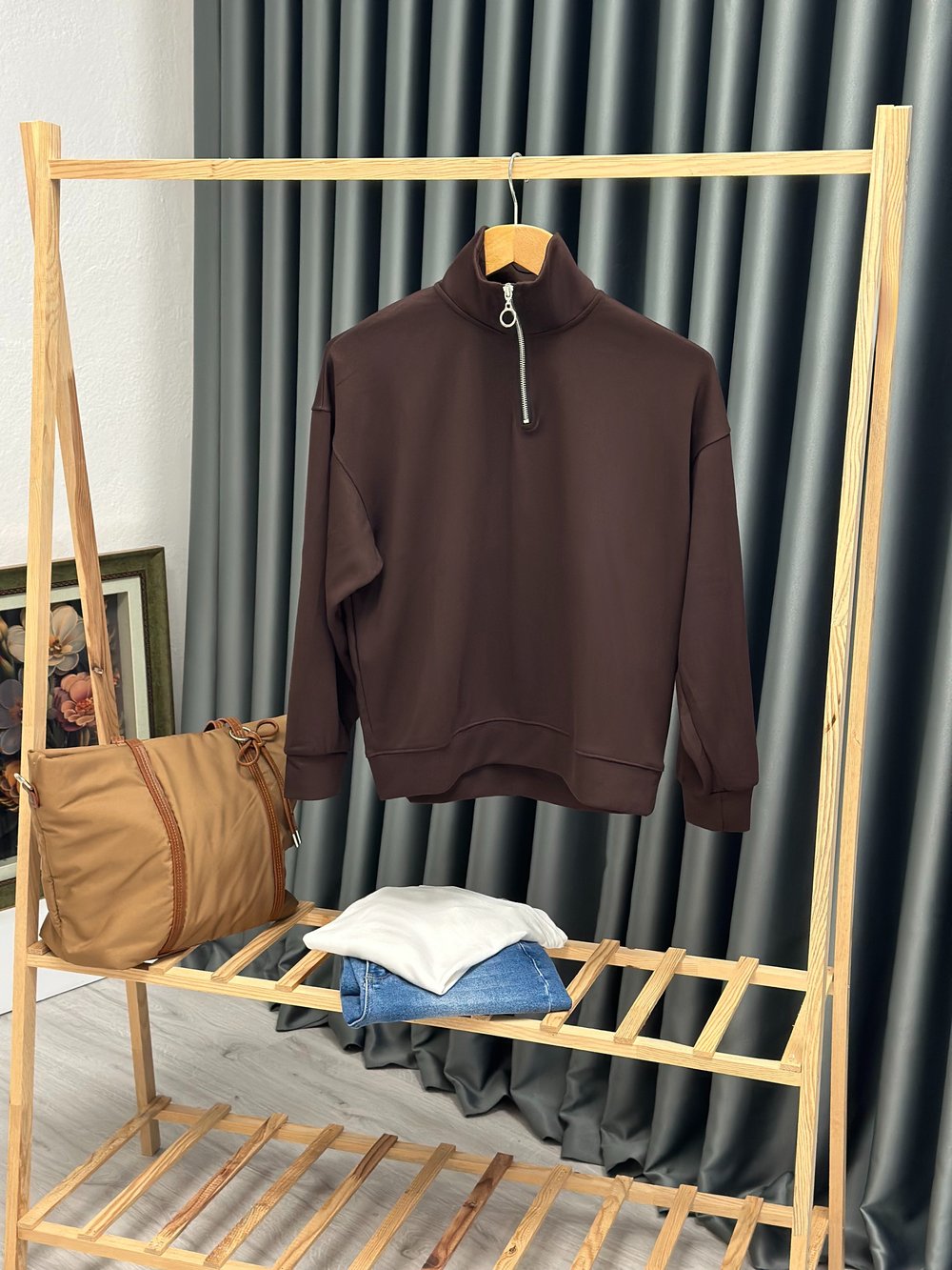 Oysho Modal Kumaş Yarım Fermuarlı Sweatshirt Acı Kahve 
