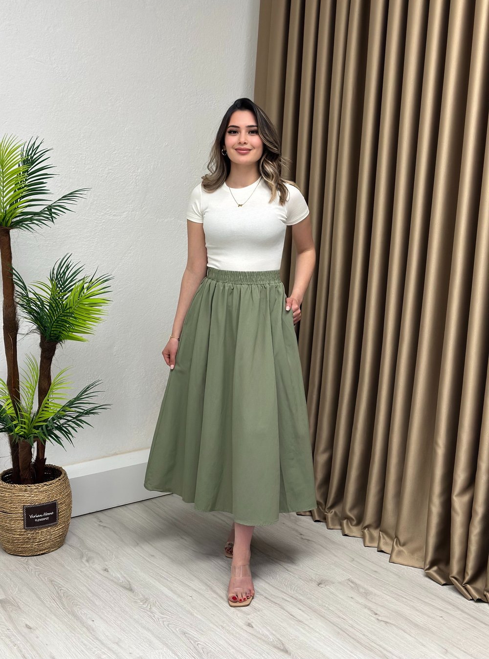 Pamuk Poplin Kumaş Beli Lastikli Midi Boy Etek Haki Yeşil 