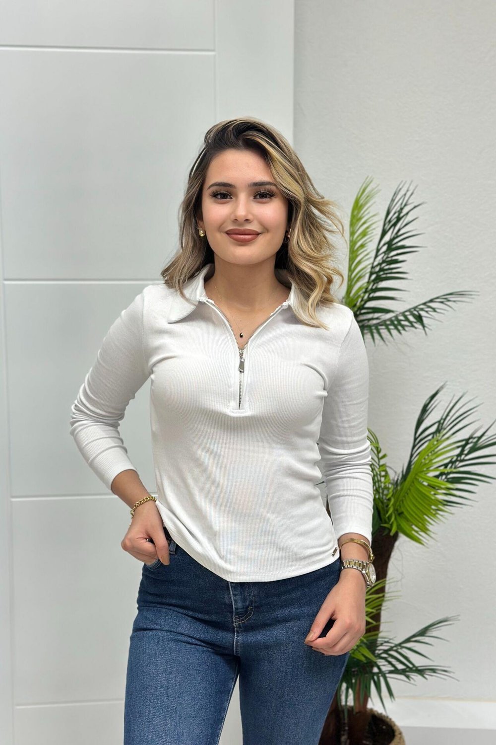 Polo Yaka Kaskorse Fermuarlı Body Beyaz