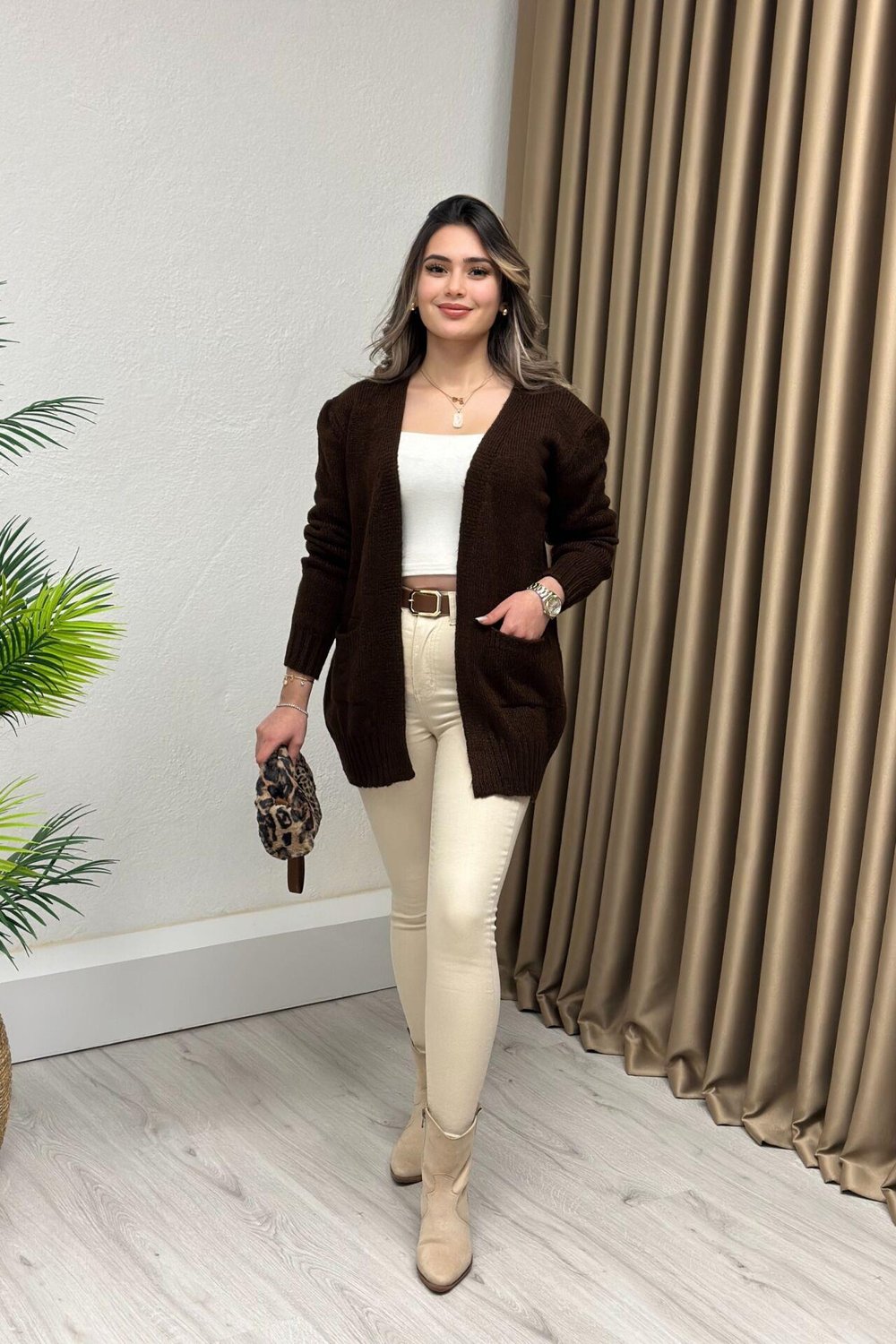 Premium Kalite Cepli Triko Hırka Acı Kahve