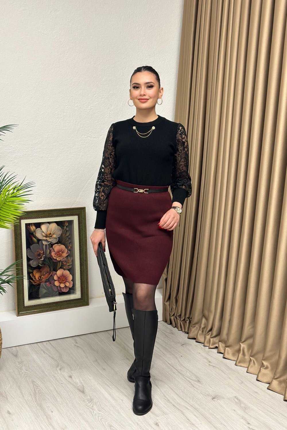Premium Kalite Elit Triko Dantel Kol Bluz Siyah
