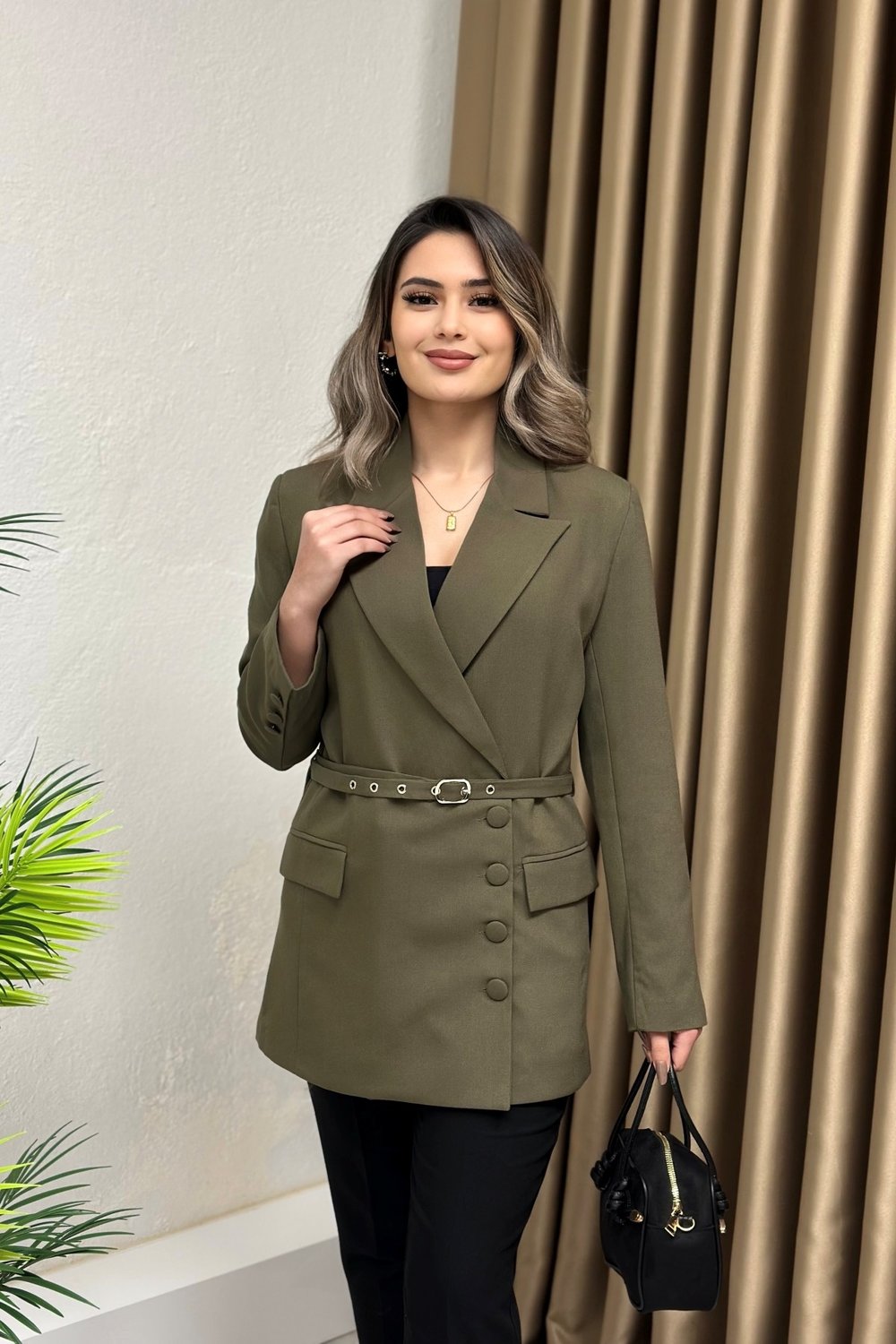 Premium Kalite Kemerli Tasarım Blazer Ceket Haki Yeşil 