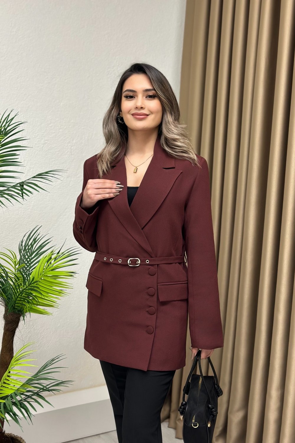 Premium Kalite Kemerli Tasarım Blazer Ceket Bordo