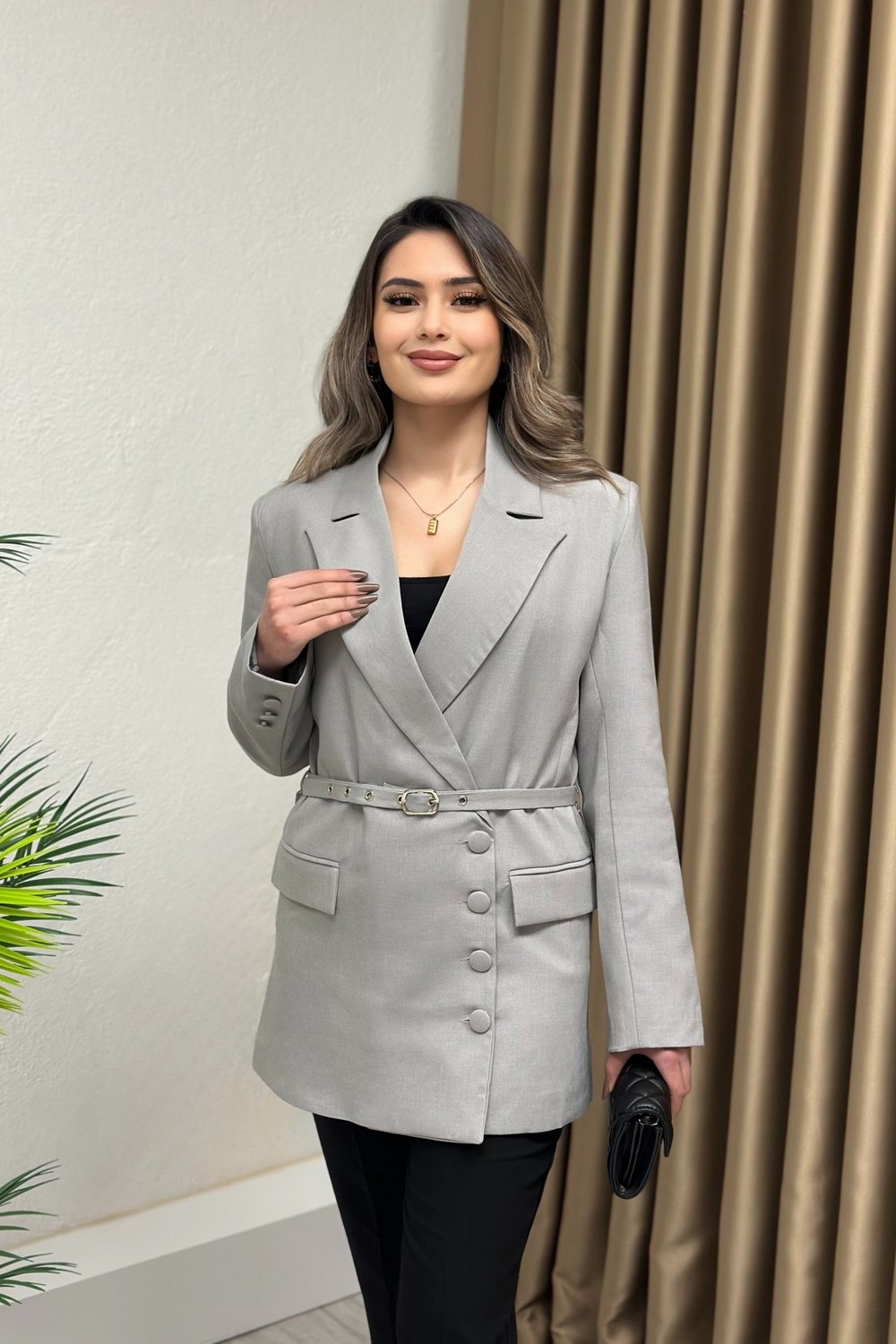 Premium Kalite Kemerli Tasarım Blazer Ceket Gri