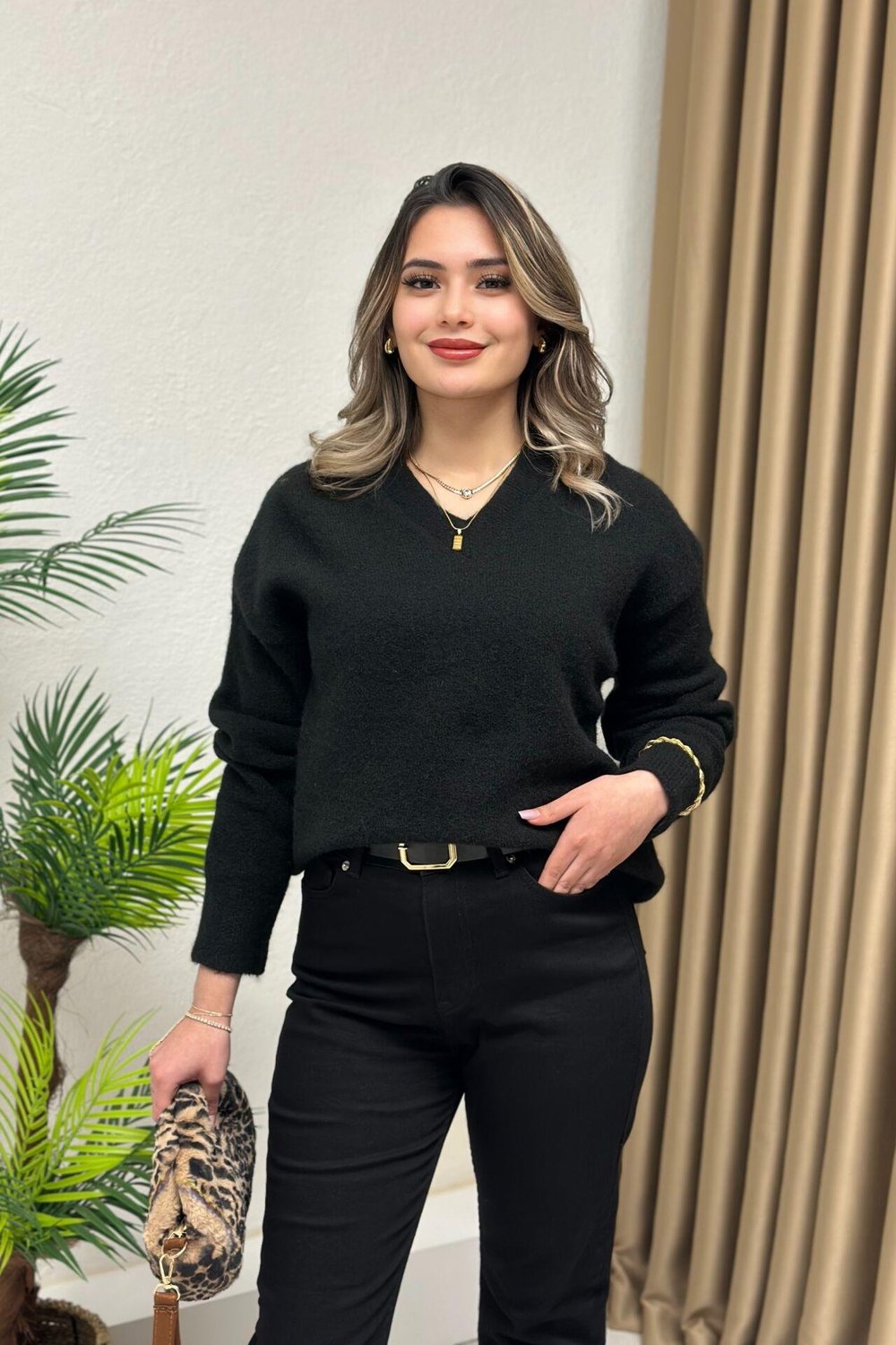 Premium Kalite Pinterest V Yaka Yumoş Kazak Siyah