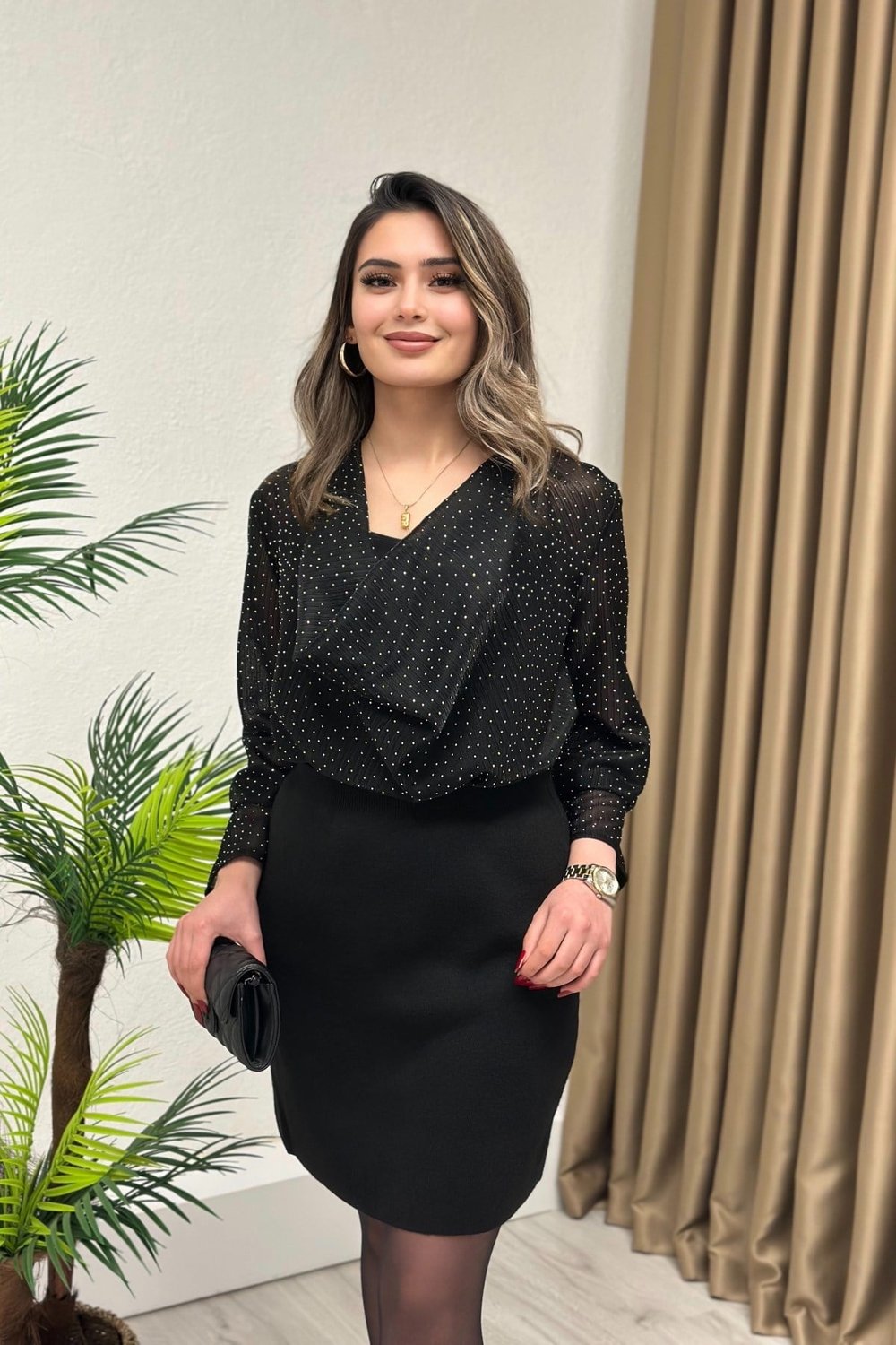 Premium Kalite Taşlı Degaje Yaka İthal Metalize Kumaş Tasarım Bluz Gümüş Taşlı 