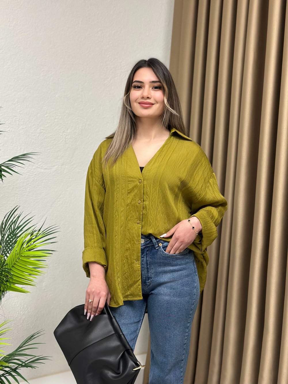 Premium Kalite Trasparan Oversize Gömlek Yağ Yeşili 