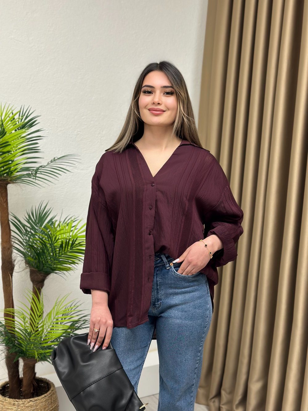 Premium Kalite Trasparan Oversize Gömlek Mürdüm