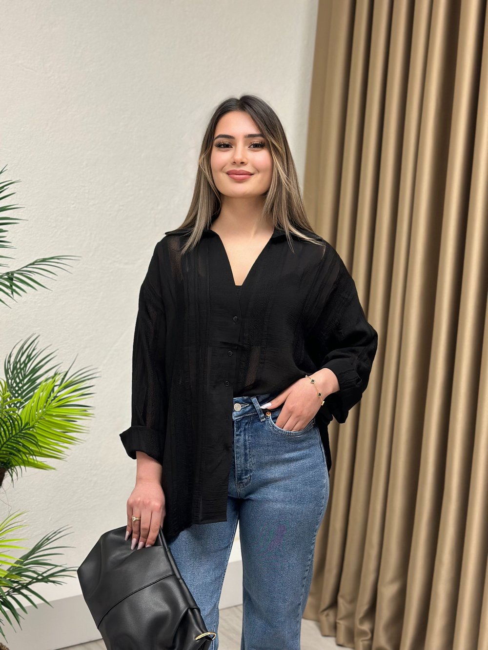 Premium Kalite Trasparan Oversize Gömlek Siyah