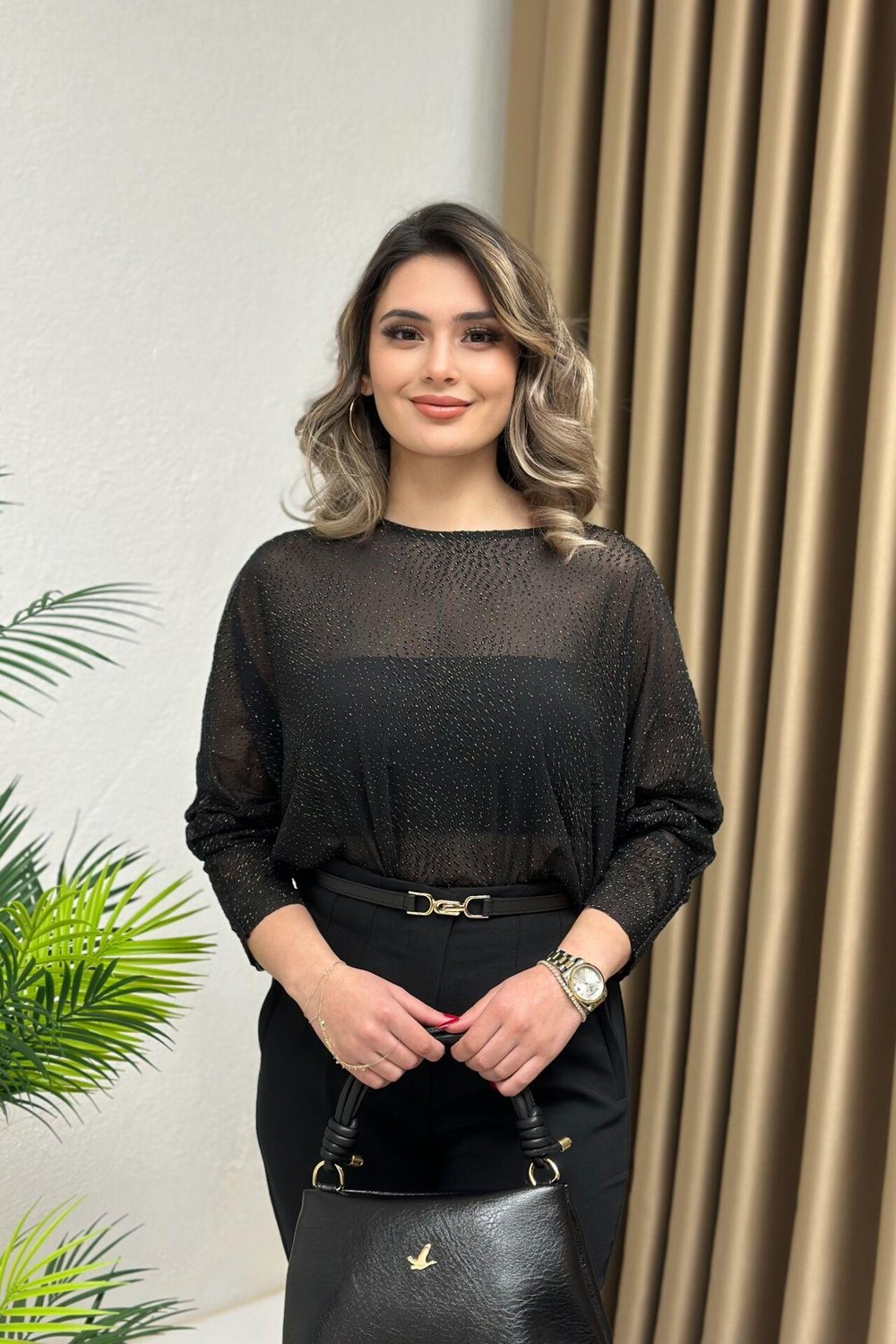 Premium Kalite Yarasa Kol Simli Tül Bluz Siyah