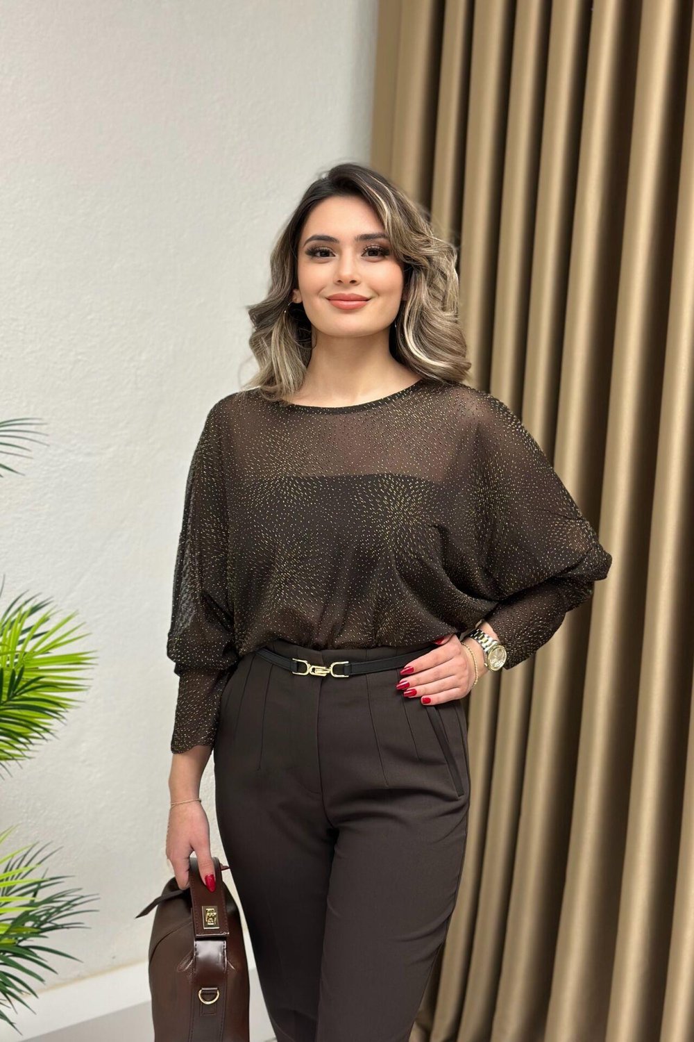 Premium Kalite Yarasa Kol Simli Tül Bluz Acı Kahve