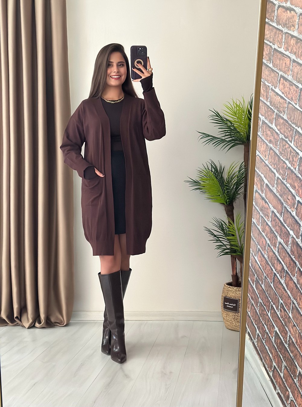Premium Seri Cepli Basic Soft Triko Midi Boy Hırka Acı Kahve