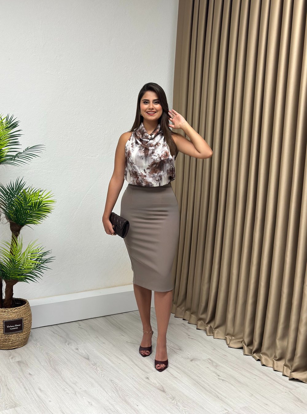 Premium Seri Double Krep Kumaş Yırtmaçlı Midi Boy Kalem Etek Vizon