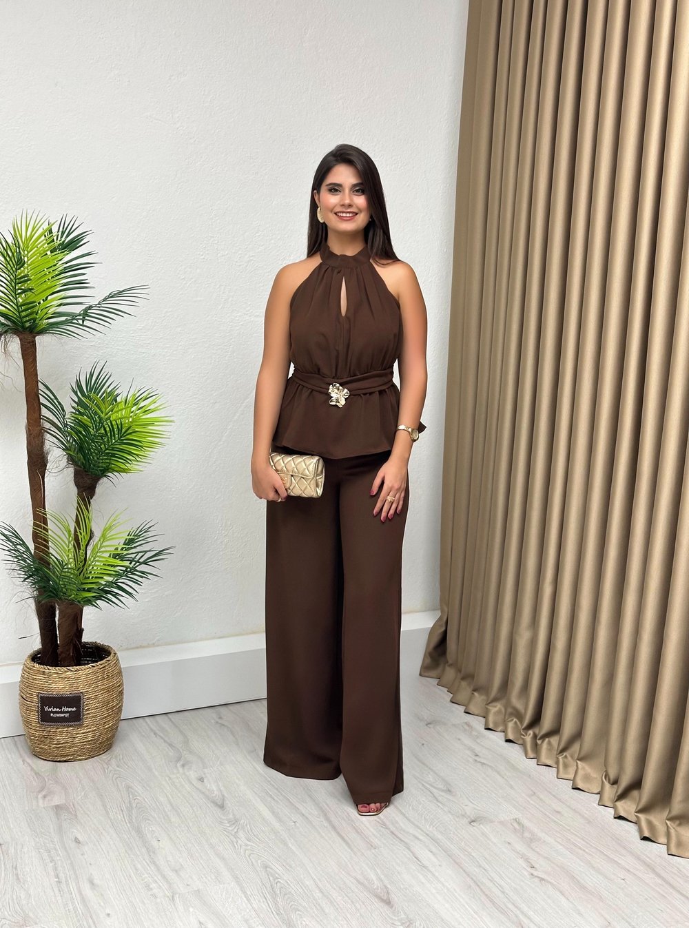 Premium Seri Halter Yaka Beli Gold Tokalı Tulum Acı Kahve 