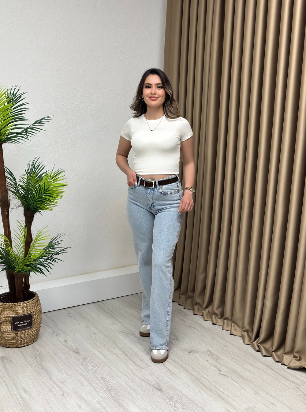 Premium Seri Kemerli Straight Jean Ice Blue Süet Kemerli