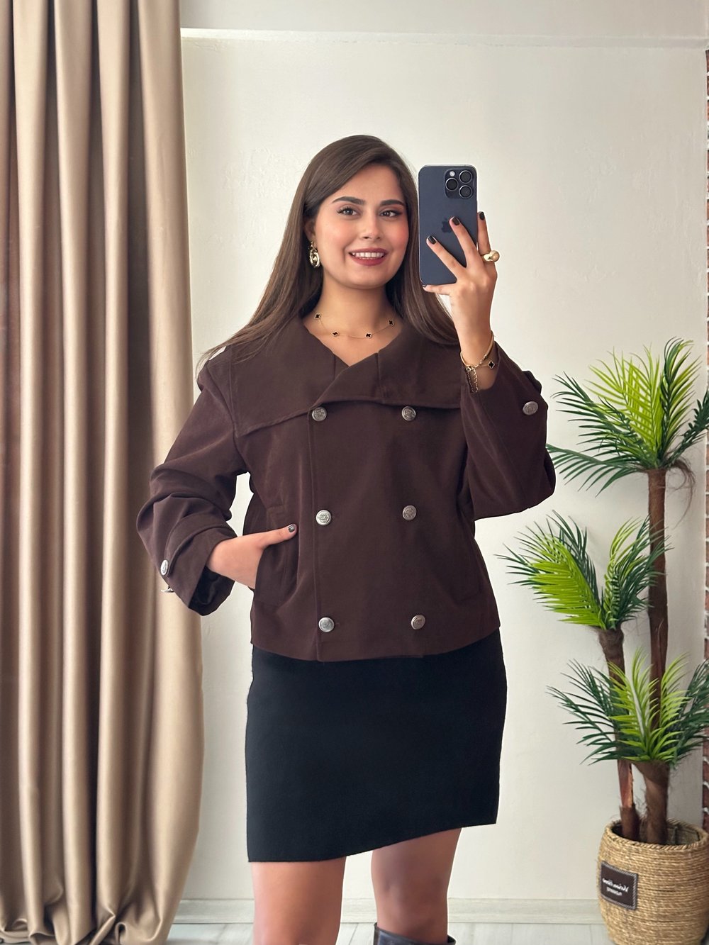 Premium Seri Kruvaze Metal Düğmeli Geniş Yaka Gabardin Kumaş Ceket Acı Kahve