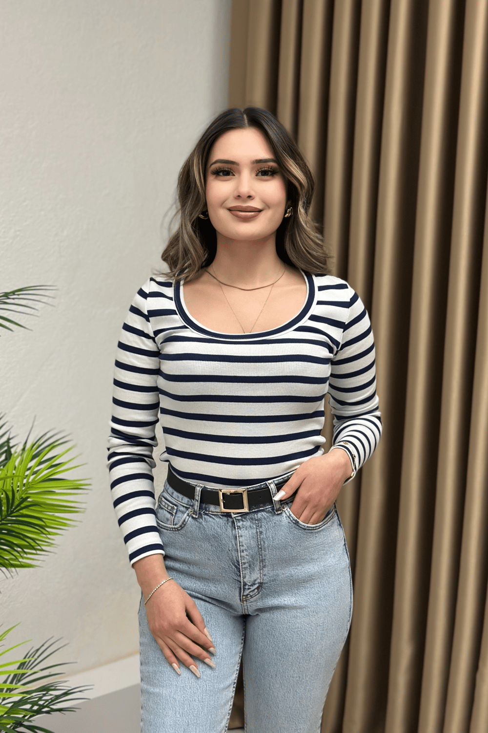 Premium Yuvarlak Yaka Kaskorse Body Lacivert-Beyaz Kalın Çizgili