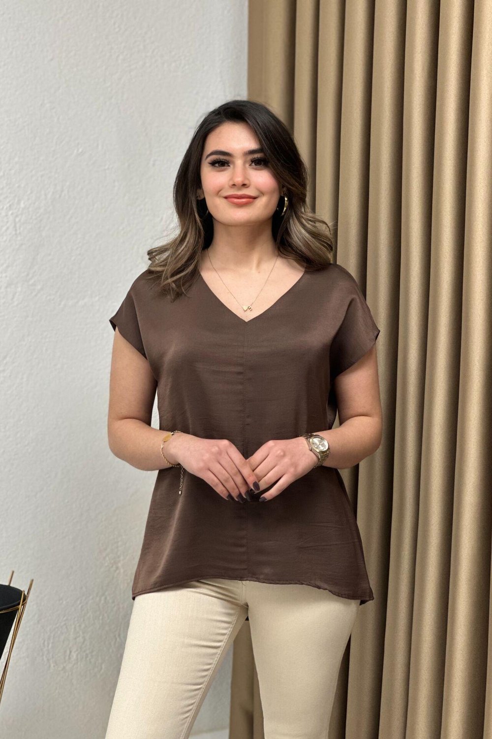 Saten Ayrobin Bluz Acı Kahve