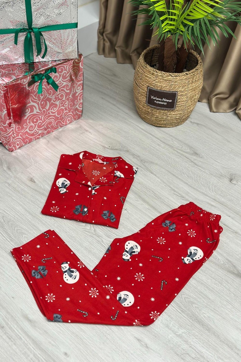 Süet Kumaş Gömlek Yaka Düğmali Uzun Kollu Pijama Takımı Kırmızı Kardan Adam