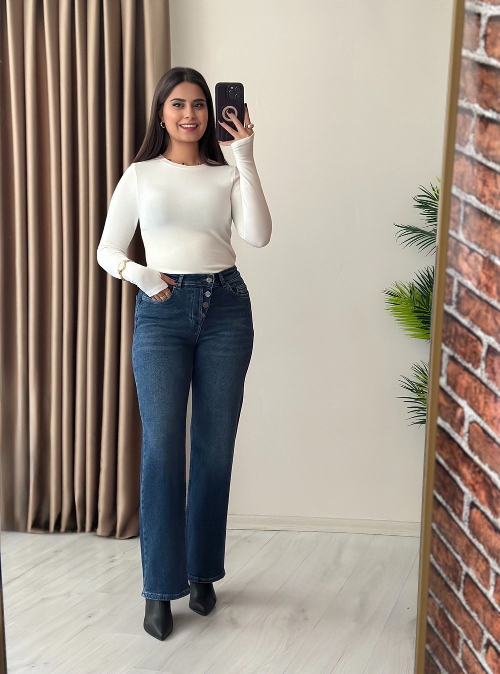 Yüksek Bel Çok Düğmeli Likralı Straight Jean Dark Blue 
