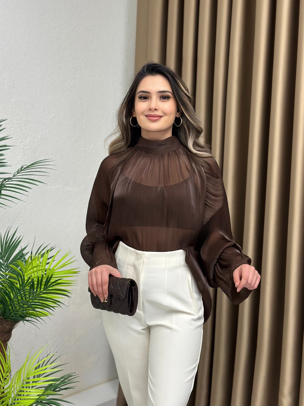 Zr Model İpeksi Parlak Şifon Transparan Bluz Acı Kahve 