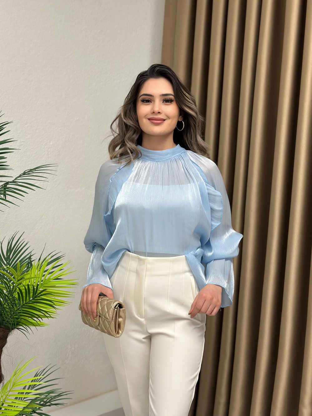 Zr Model İpeksi Parlak Şifon Transparan Bluz Bebe Mavi